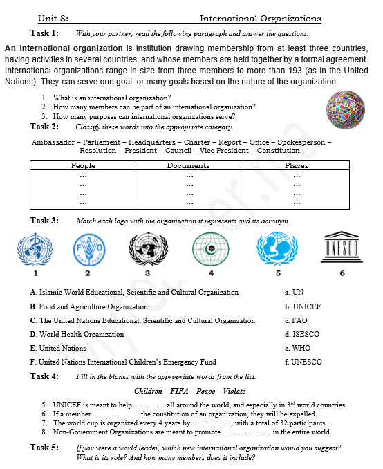 Vocabulary International Organizations Worksheet My Teacher