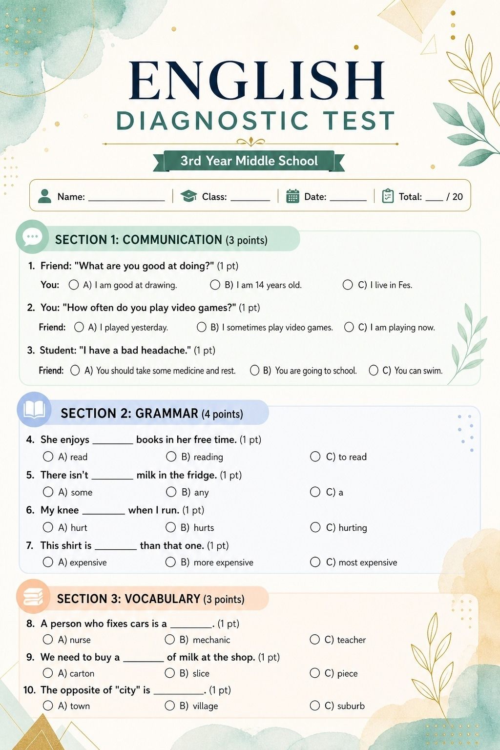 3rd Year Middle School Language Test preview