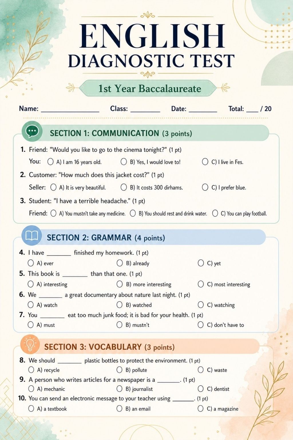 1st Year Bac Language Test preview
