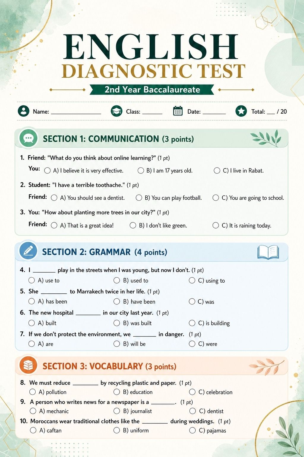 2nd Year Bac Language Test preview