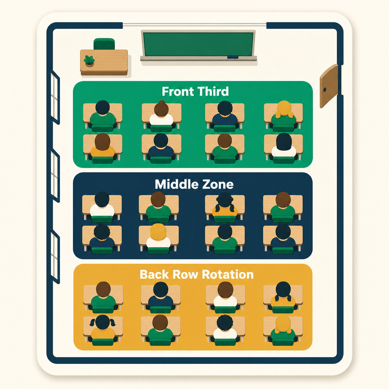 Diagram of a classroom divided into front, middle, and back zones