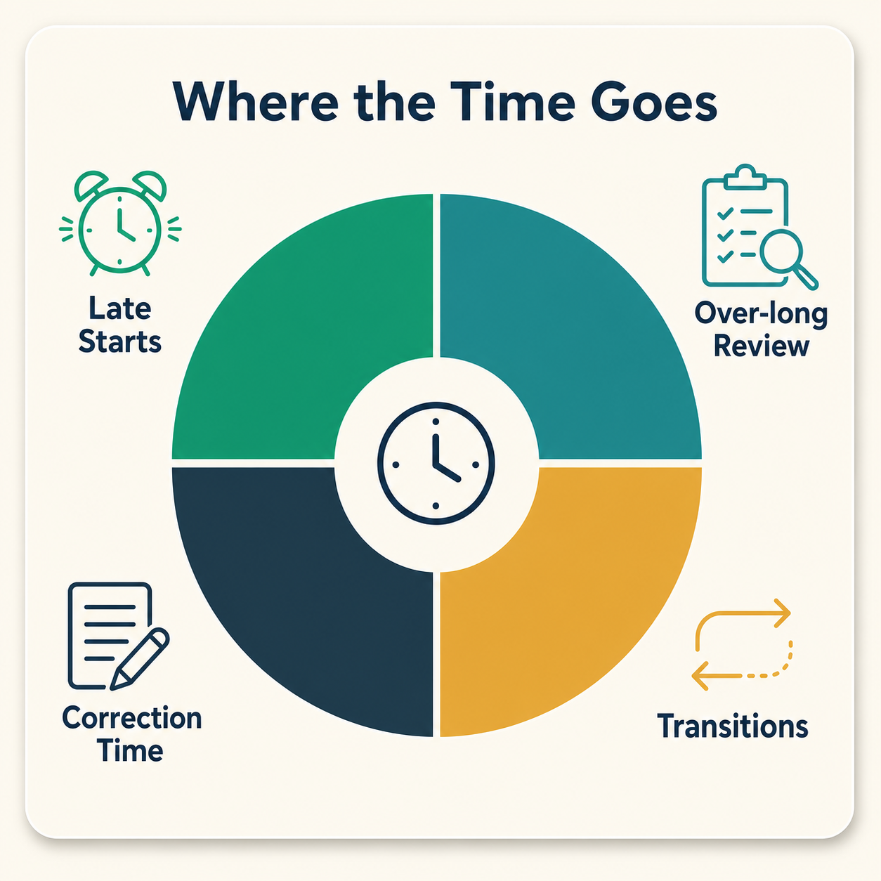 A pie chart showing where lesson time typically gets lost: late starts, review, correction, transitions