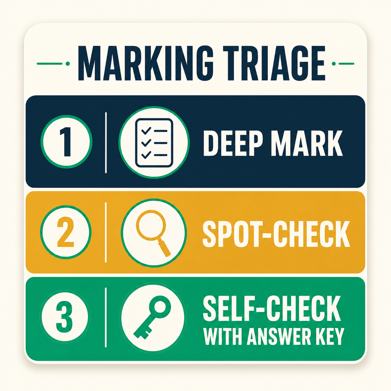 A three-tier marking triage: deep mark, spot-check, self-check with answer key