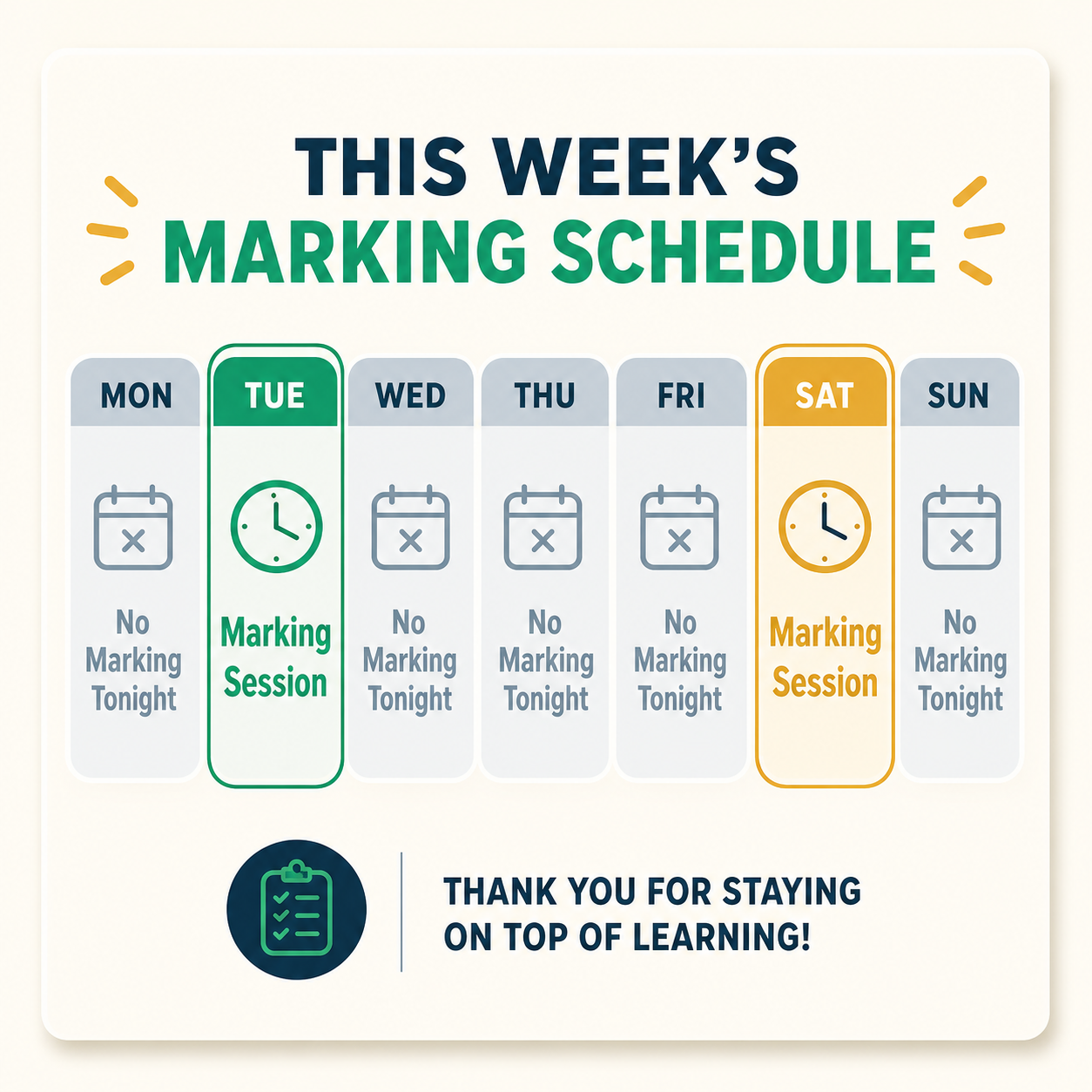 A weekly calendar with only two days marked as marking sessions