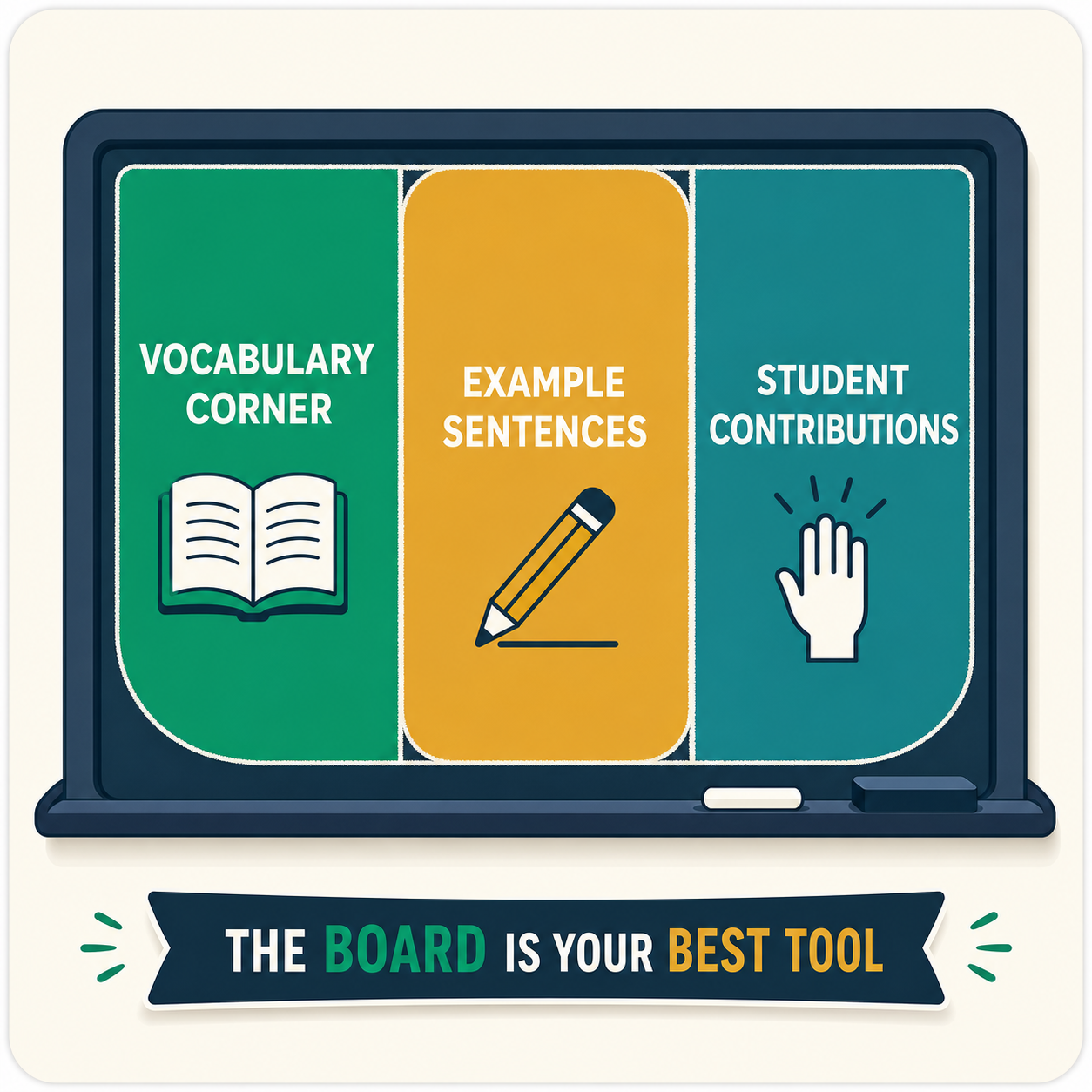 A chalkboard divided into vocabulary, example sentence, and student contribution zones