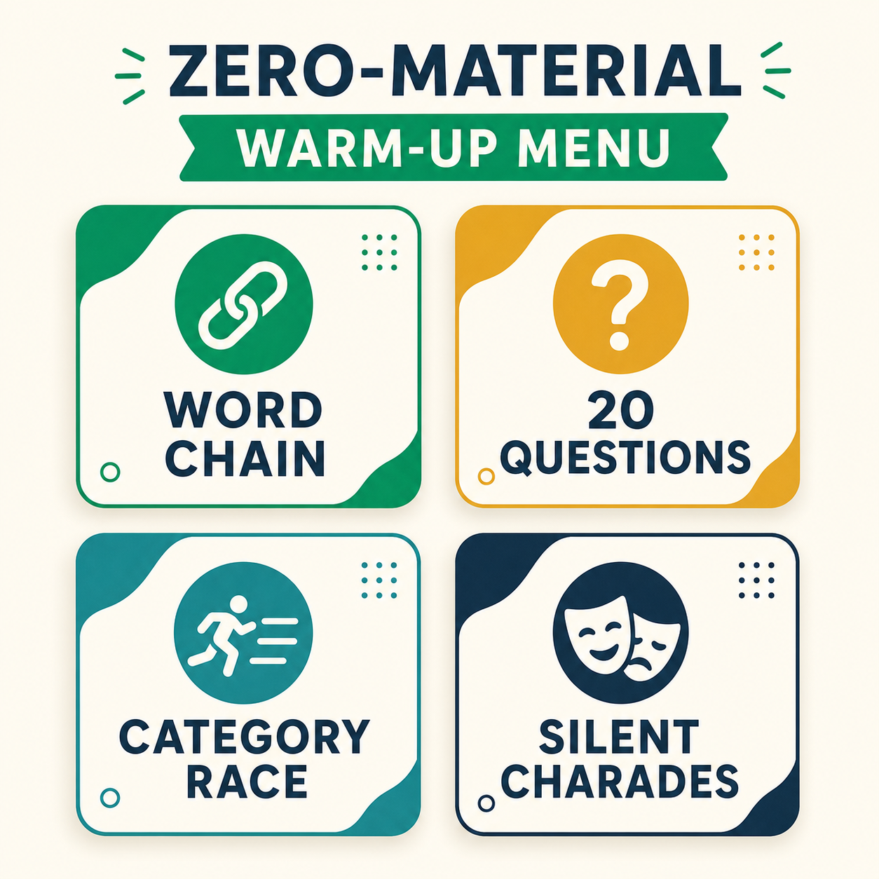 A menu of four zero-material warm-up activities