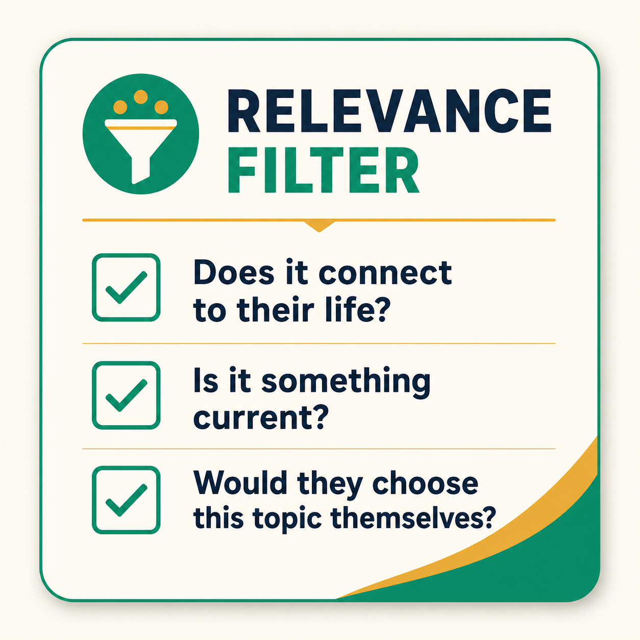 A relevance filter checklist for choosing engaging topics
