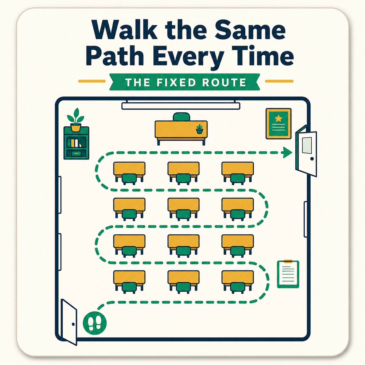 A predictable walking path through classroom rows during group work