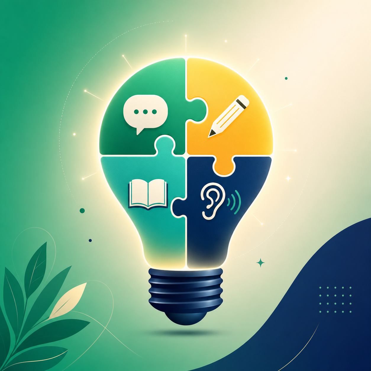 Illustration of a lightbulb made of puzzle piece language skills