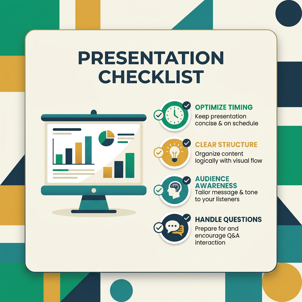 A presentation checklist with timing, structure, audience, and questions icons