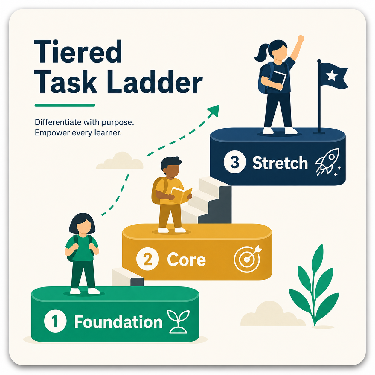 A three-step ladder showing Foundation, Core, and Stretch task levels