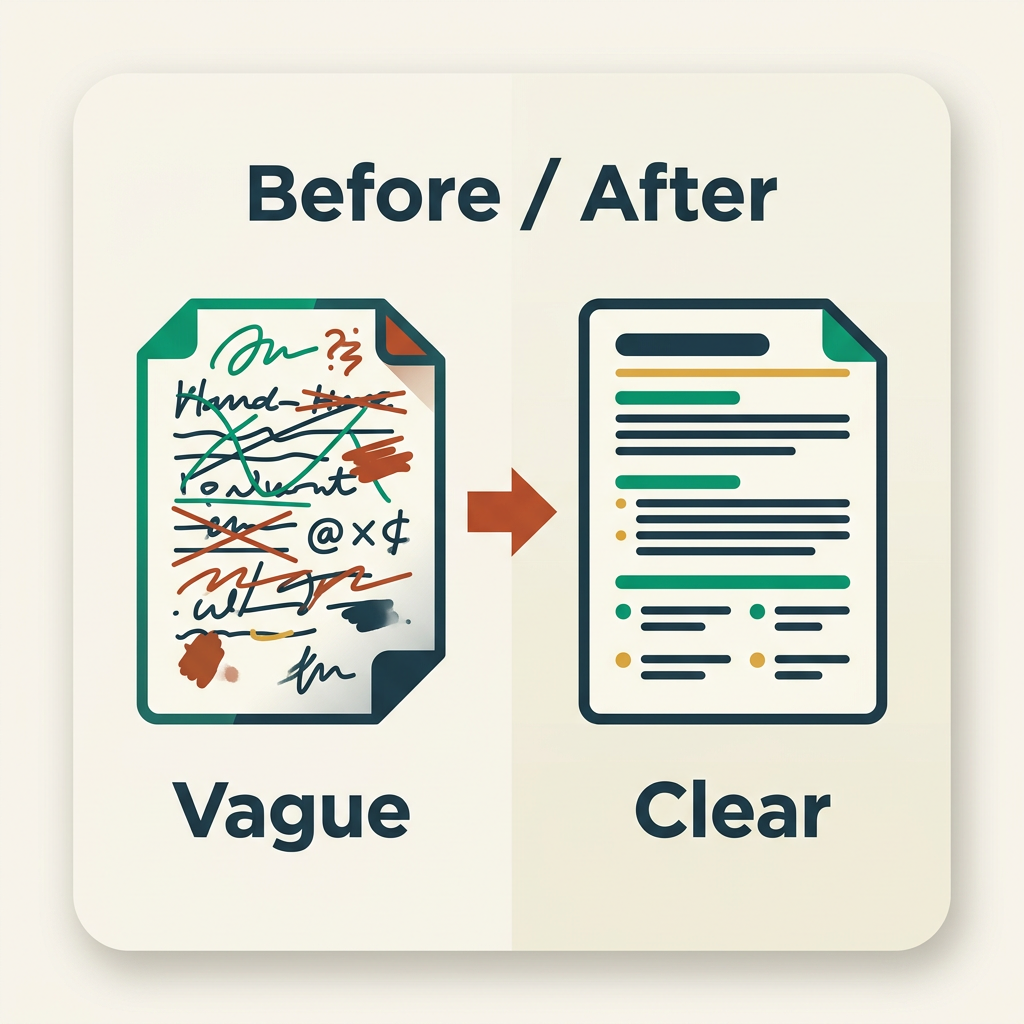 A vague, messy note transforming into a clean, structured lesson plan document