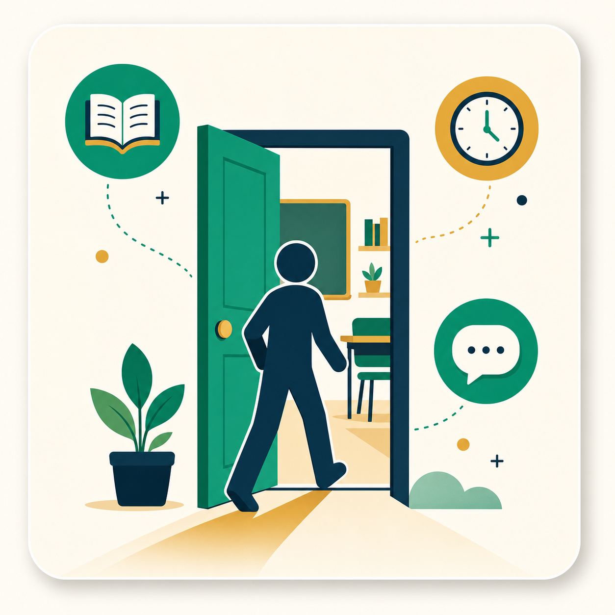 A figure stepping through a doorway into a classroom with book, clock, and chat bubble icons