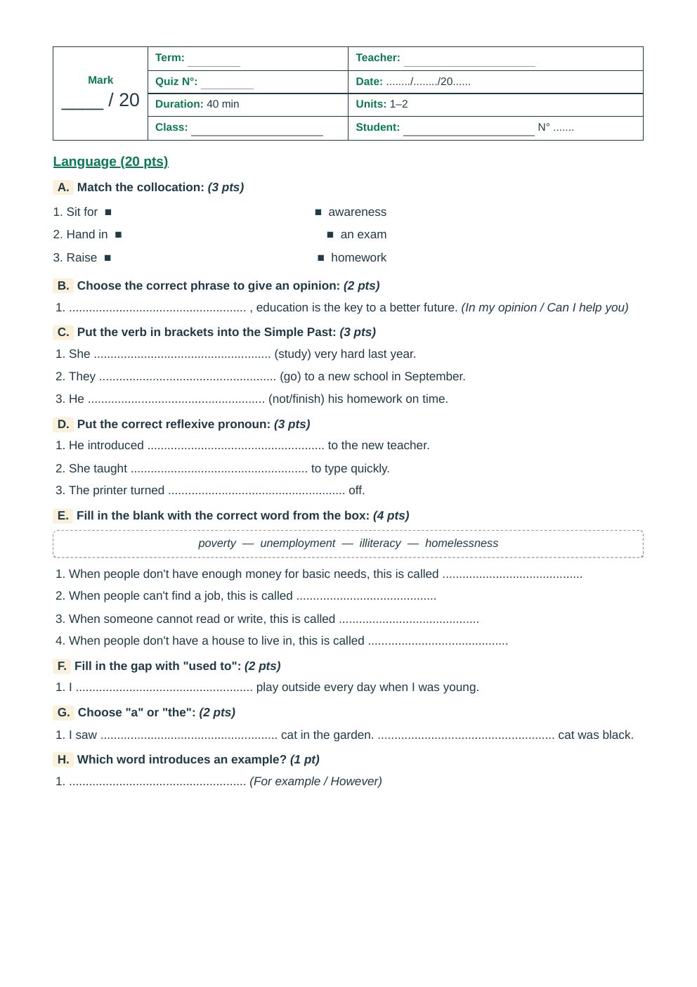 Units 1–2 Language Quiz