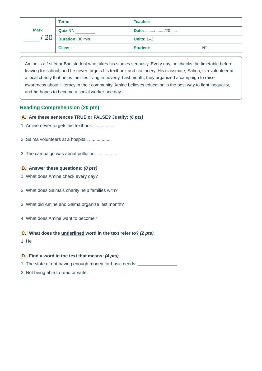 Units 1–2 Reading Comprehension Quiz