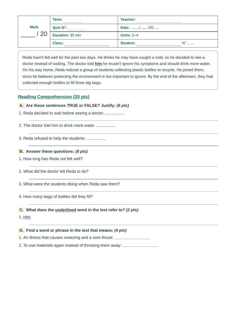 Units 3–4 Reading Comprehension Quiz