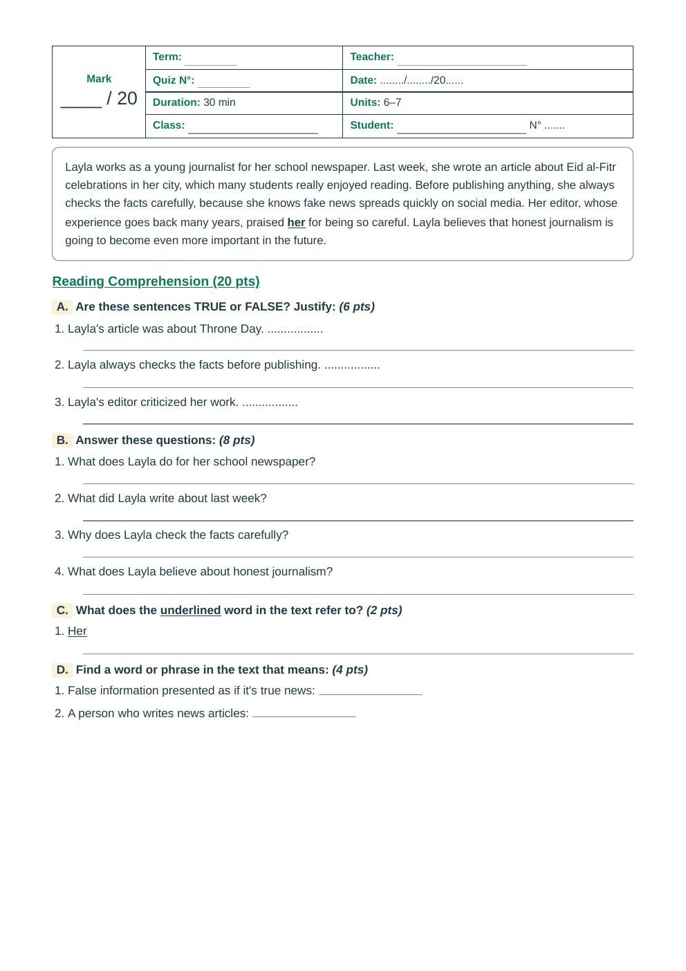 Units 6–7 Reading Comprehension Quiz