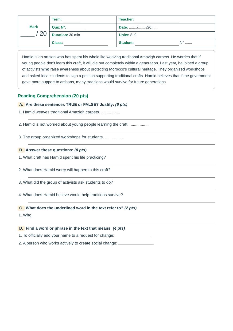 Units 8–9 Reading Comprehension Quiz