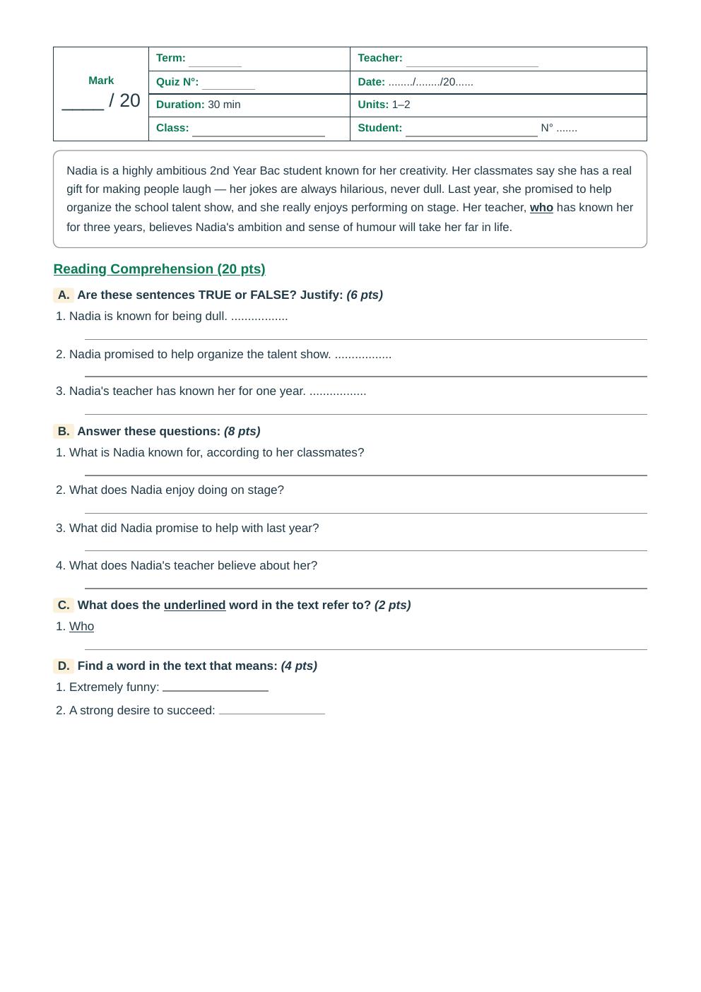 Units 1–2 Reading Comprehension Quiz