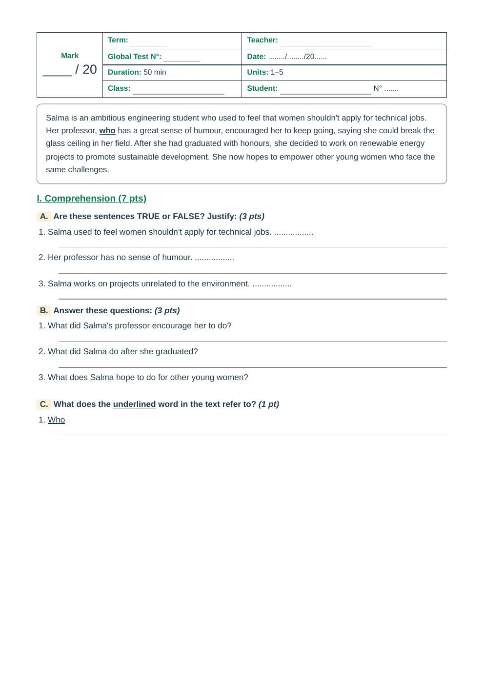 Units 1–5 Global Test
