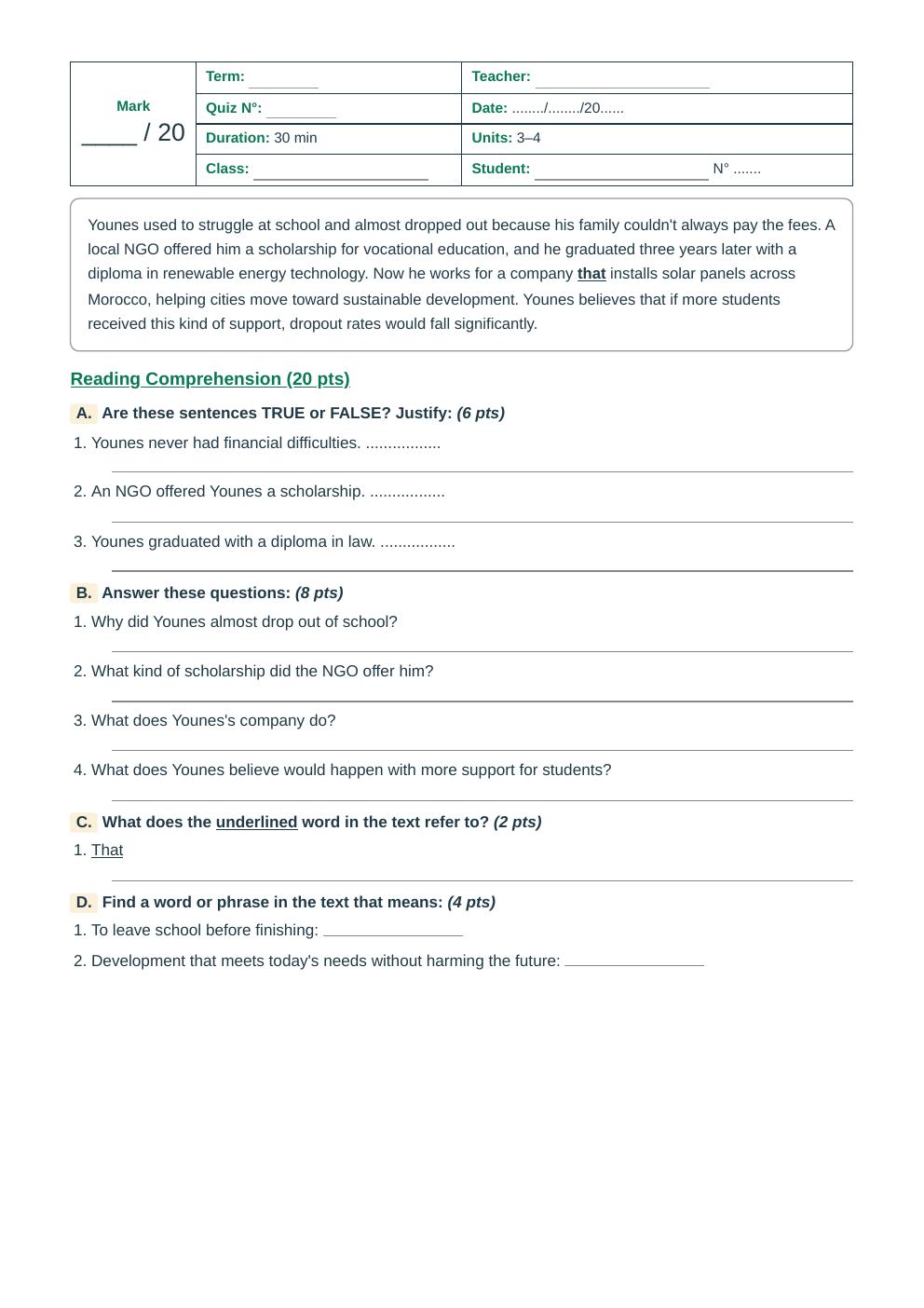 Units 3–4 Reading Comprehension Quiz