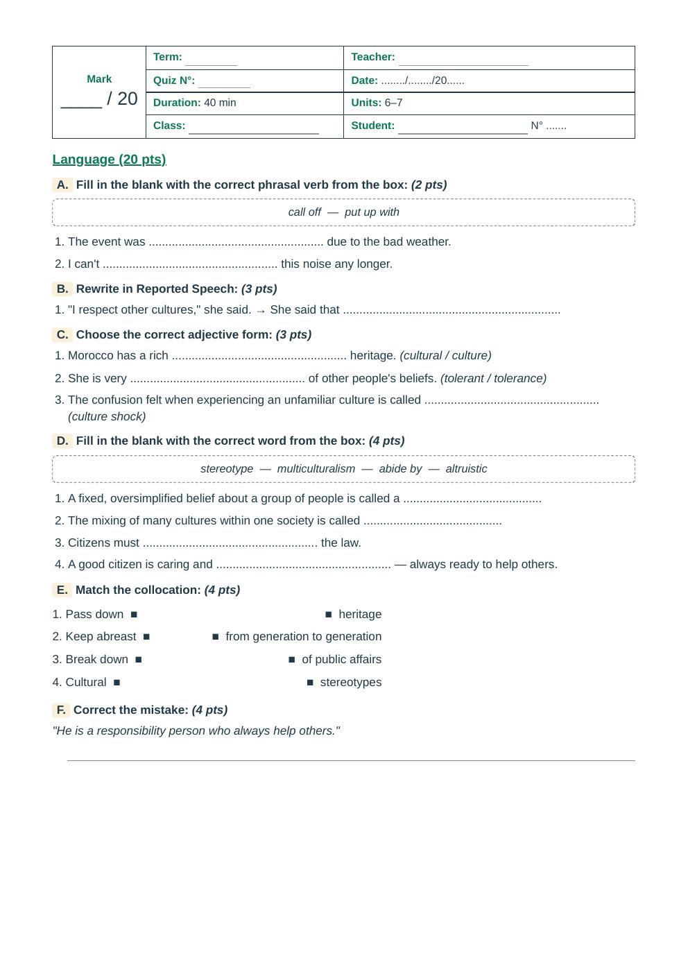 Units 6–7 Language Quiz