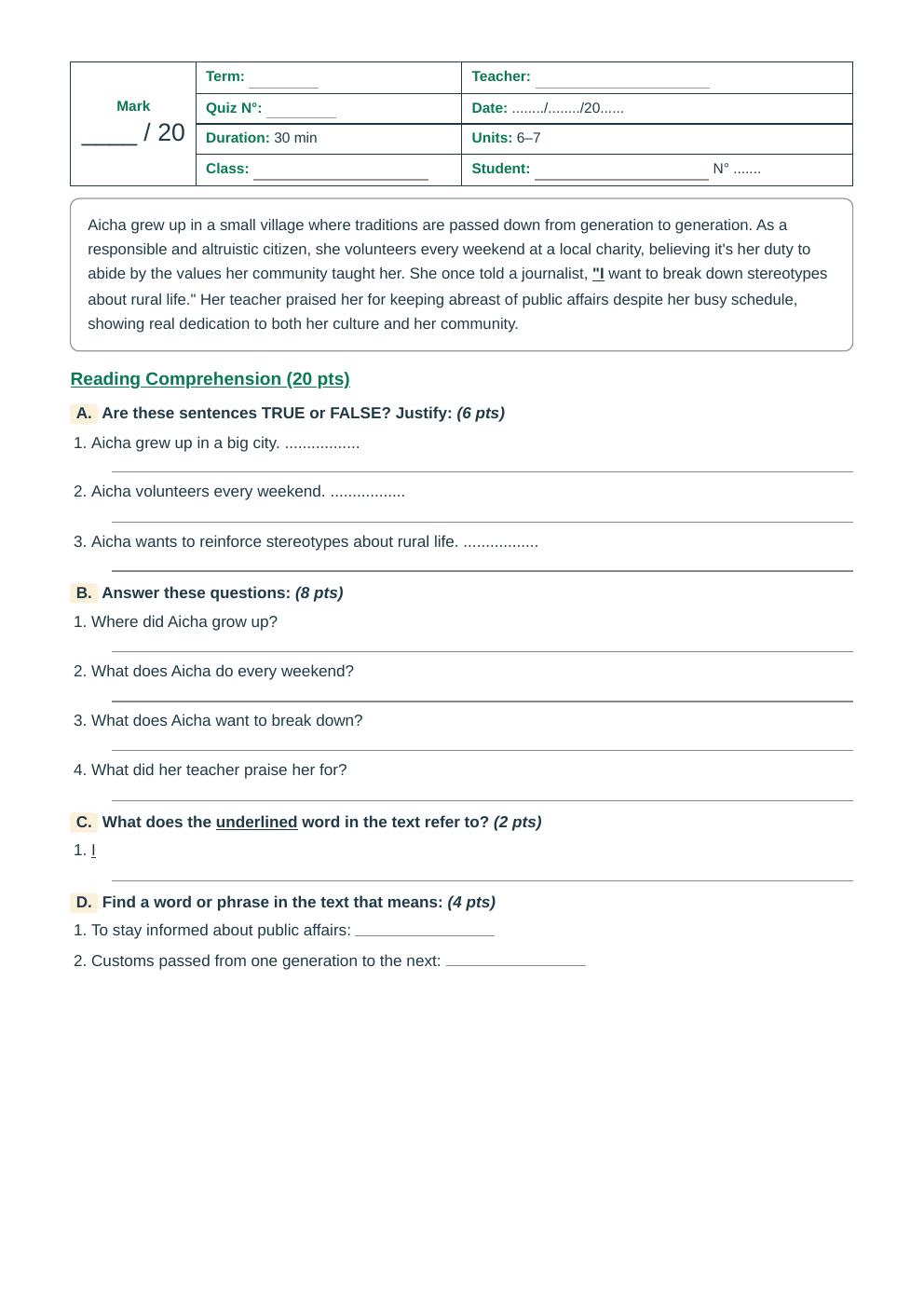 Units 6–7 Reading Comprehension Quiz