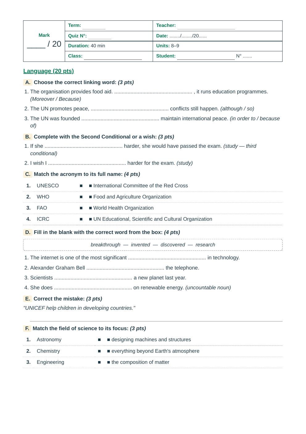 Units 8–9 Language Quiz