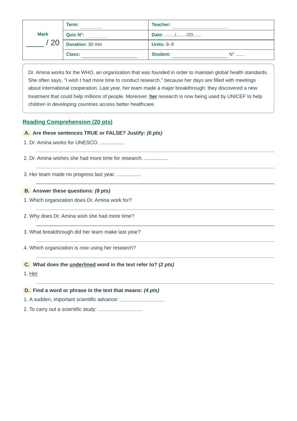 Units 8–9 Reading Comprehension Quiz